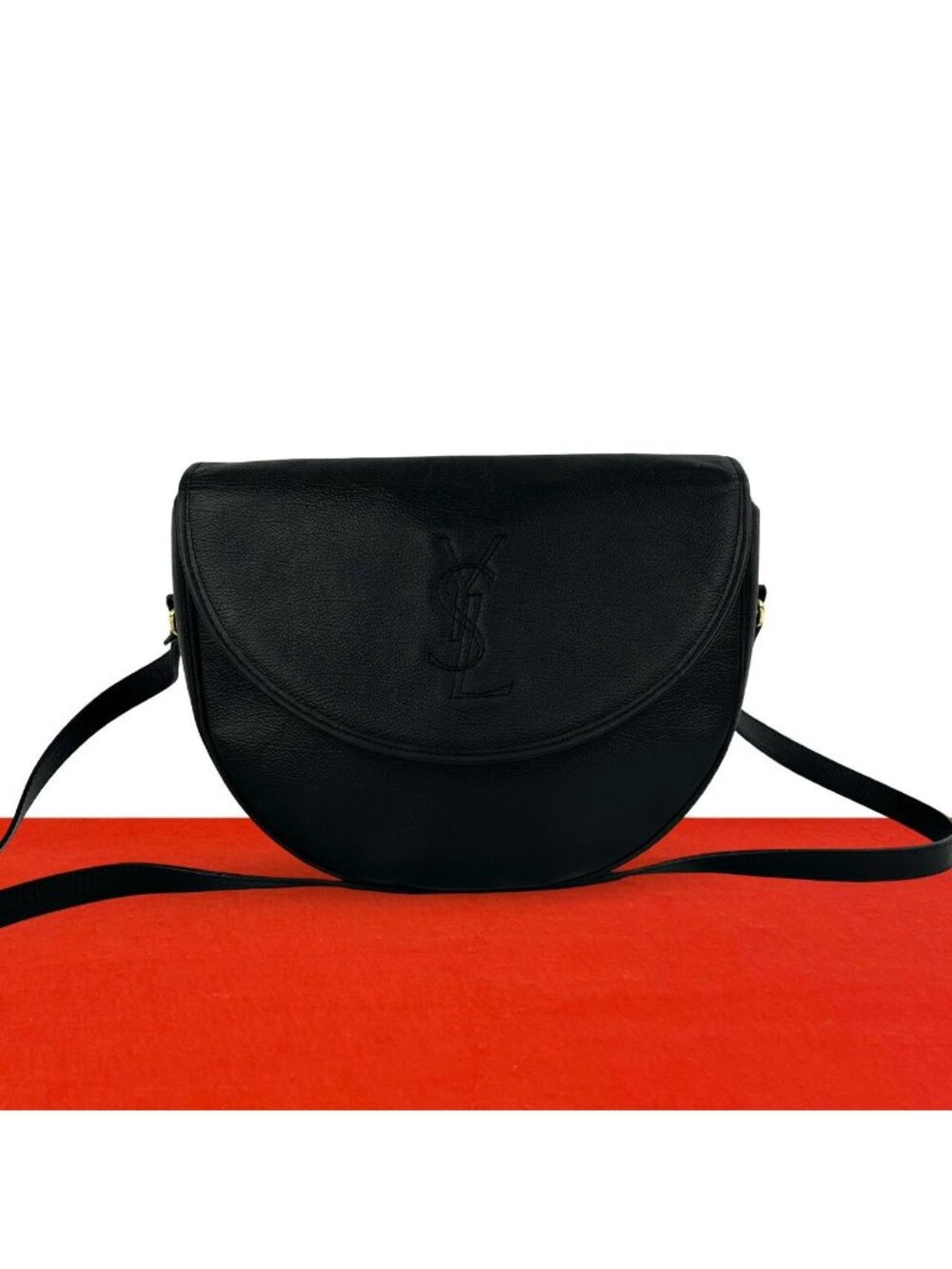 Saint Laurent Vintage YSL Logo Stitch Leather Shoulder Bag Black